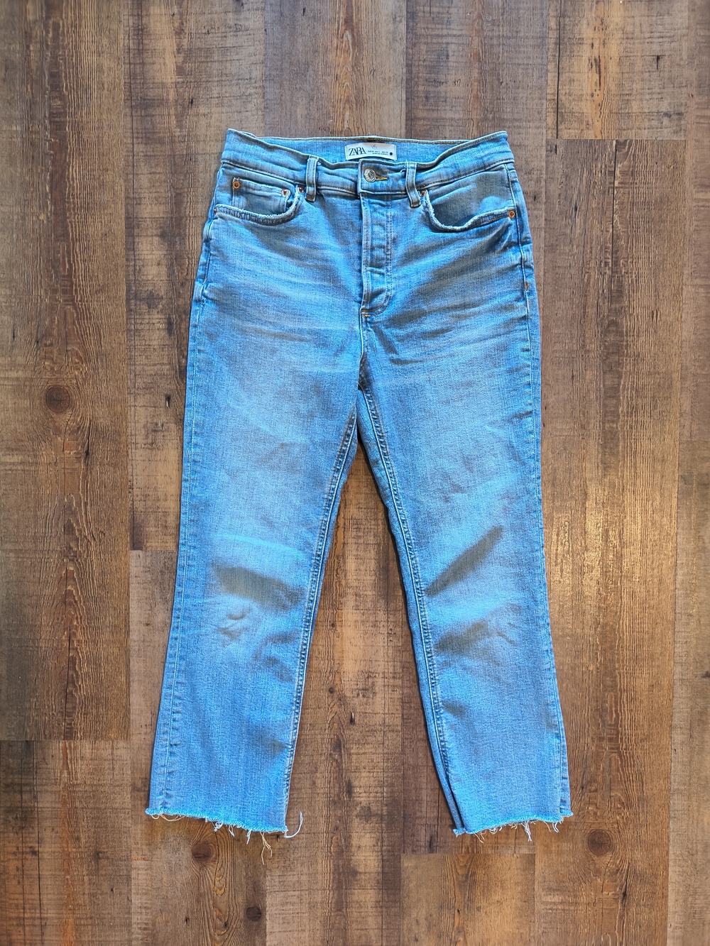 Zara Designer Blue Dreed Flare Straight Leg Shredded Bottom Button Up Jeans